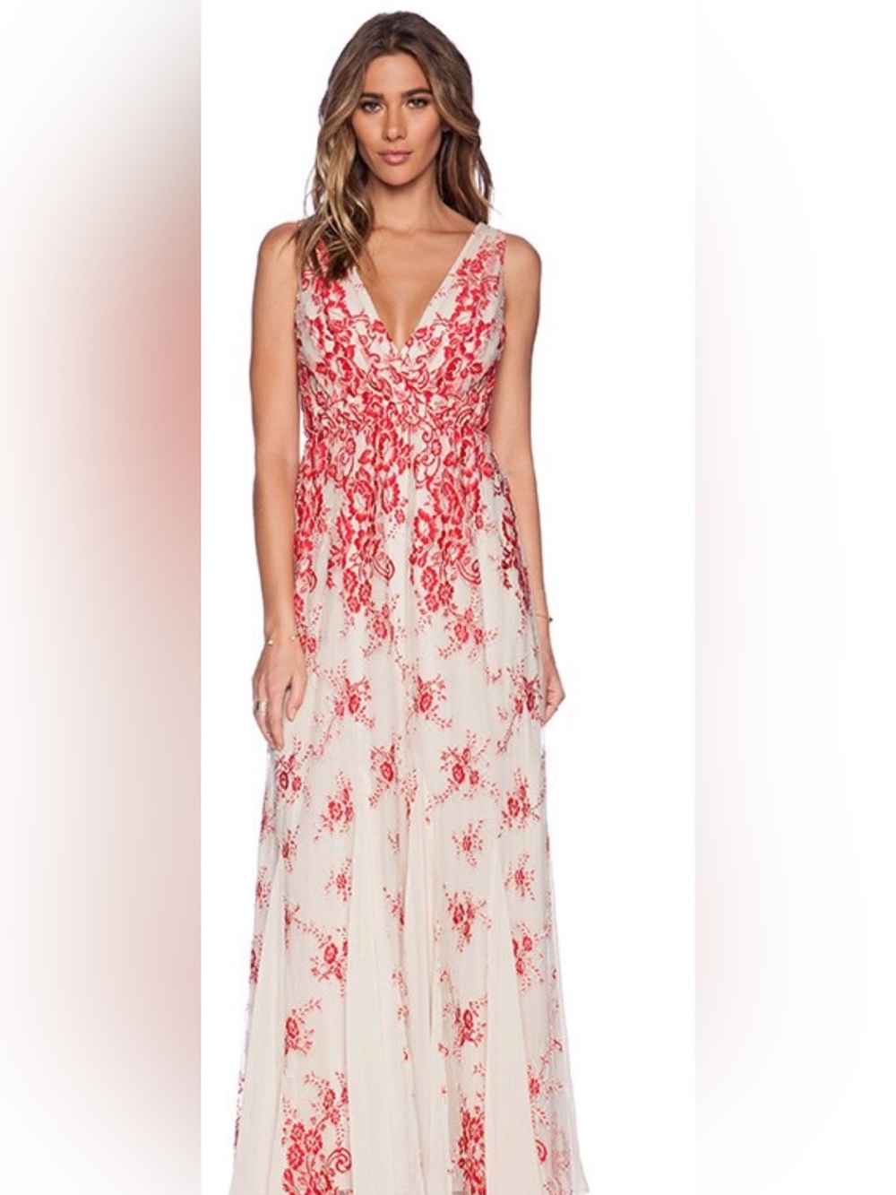 Alice + Olivia Ivory Maxi Dress with Red Floral Embroidery